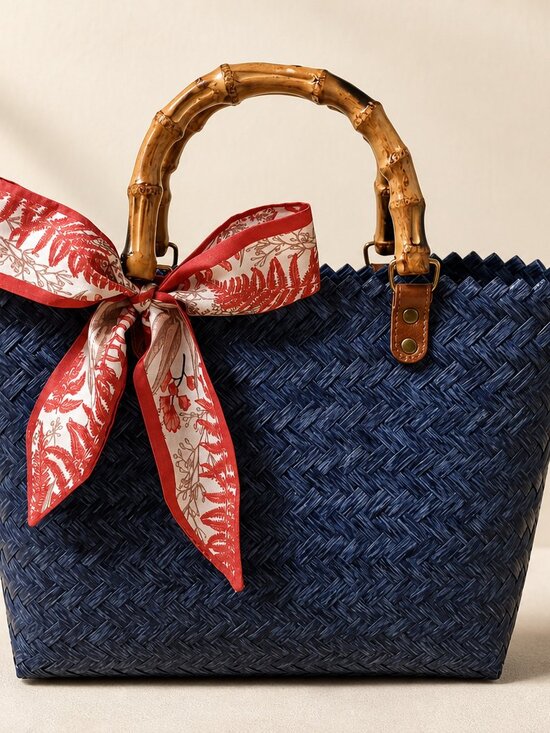 DonrinWoven Handbags - NWT Handwoven Navy Basket Tote Bag | Faux Bamboo Handle + Scarf